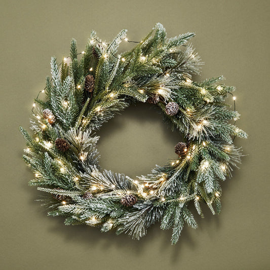 Decor Hut| Cypress Winter Wreath with 100 LEDs and Velvet Bow