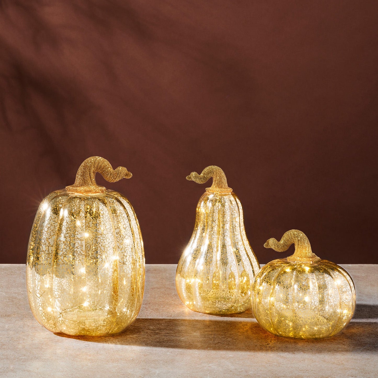 Gold Decor Hut| LED Pumpkins with Mercury Glass Finish, Set of 3
