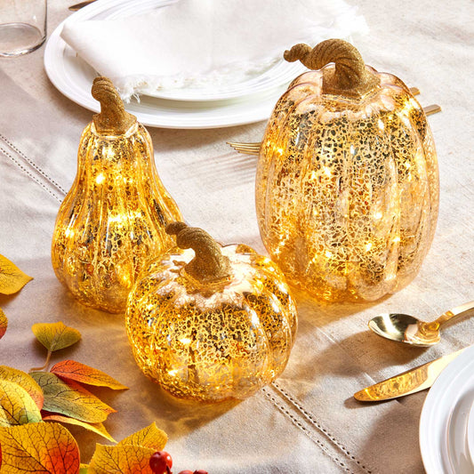 Gold Decor Hut| LED Pumpkins with Mercury Glass Finish, Set of 3