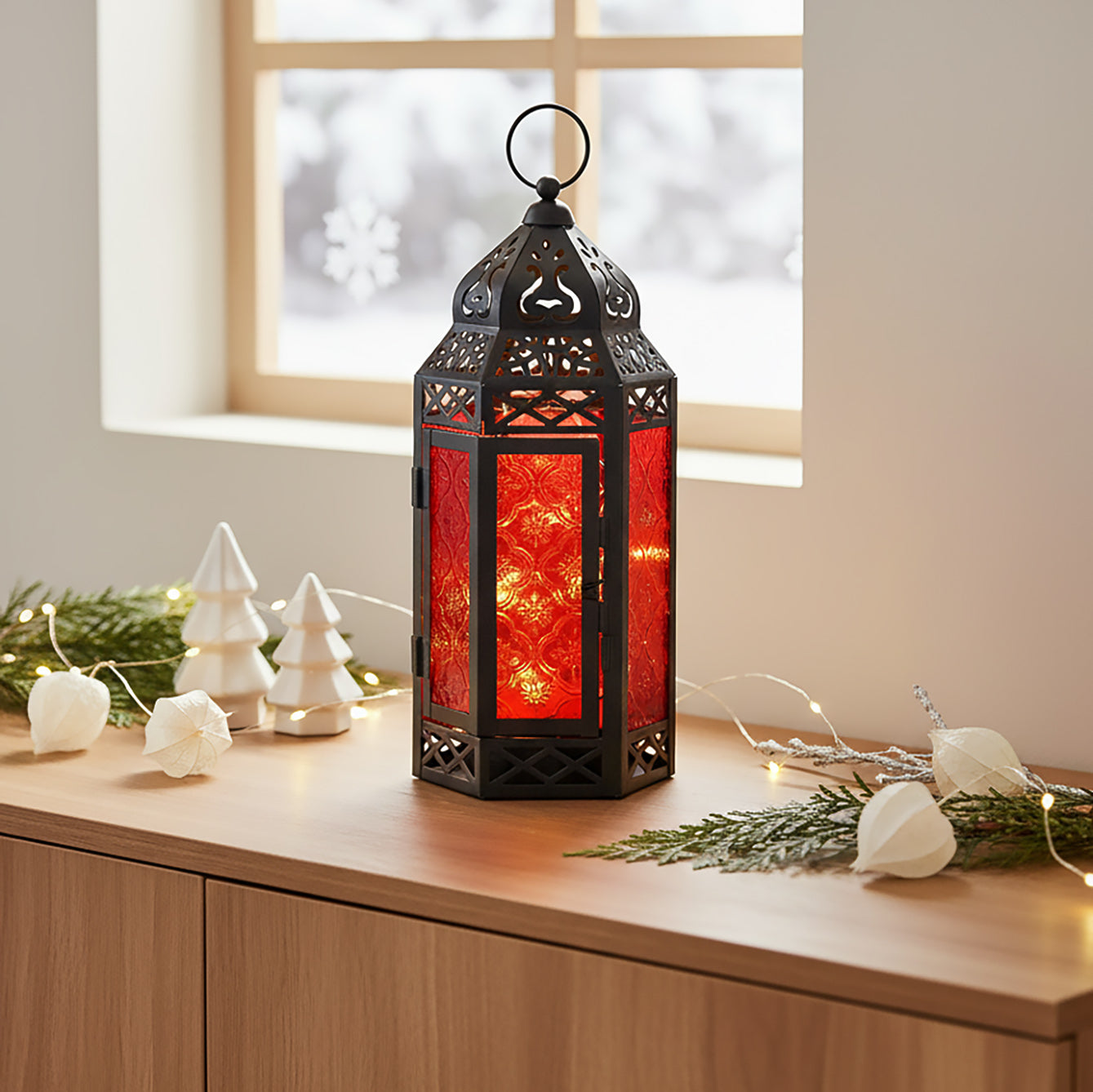 Decor Hut| Marrakesh Lantern with String Lights, Red