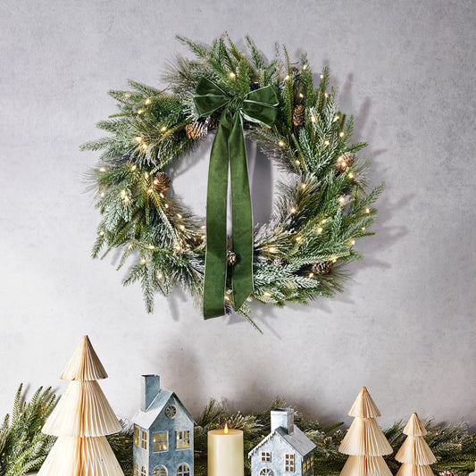Decor Hut| Cypress Winter Wreath with 100 LEDs and Velvet Bow